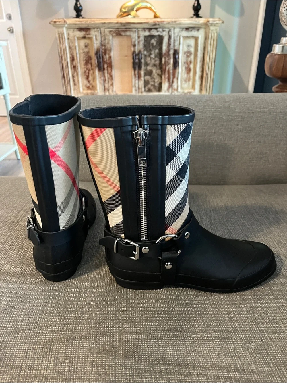 Burberry Plaid Rubber Rain Boots, Size 37